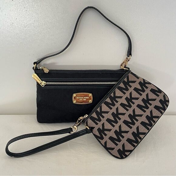 Set of 2 MK Michael Kors Jet Set Signature Logo Wristlet Mini Bag Black Taupe - Picture 1 of 9